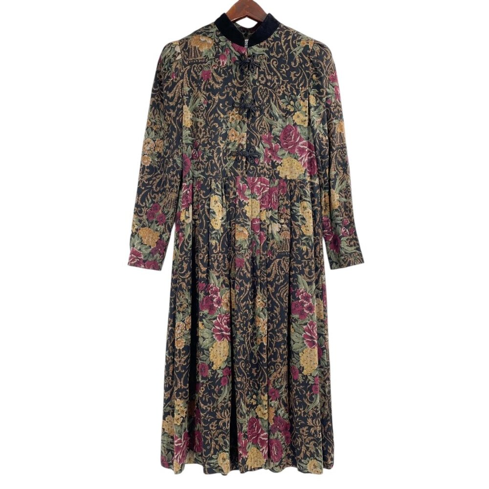 Vintage Jessica Howard Woven Gobelin Cottagecore Pleated Floral Dress Womens 4P